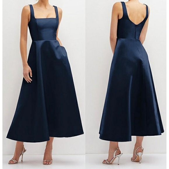 NWT Dessy Collection Square Neck Satin Twill Midi Dress Gown Pockets Size 14 - Picture 1 of 8